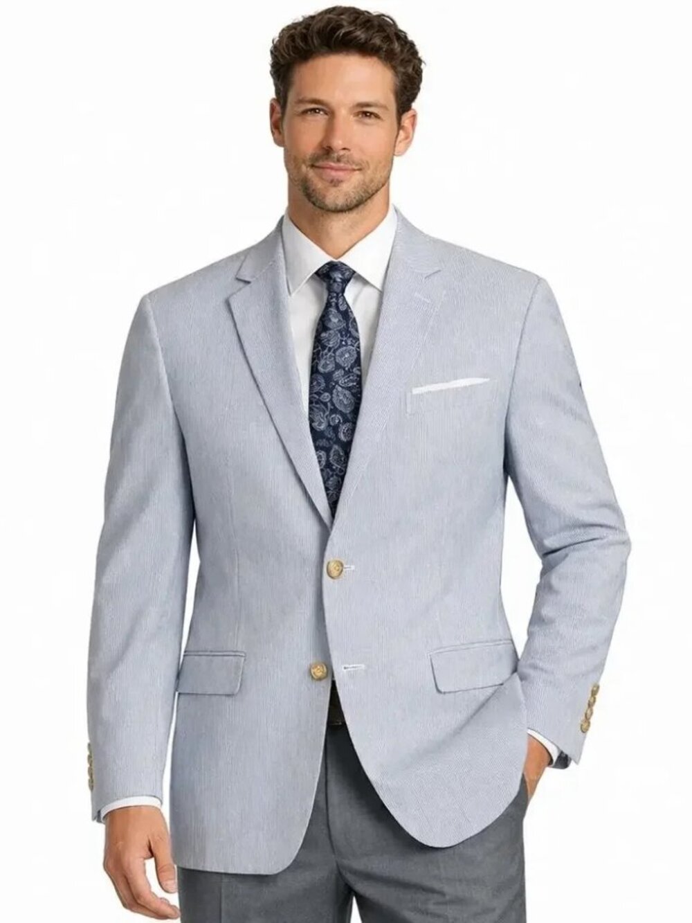 Chaps Men's Blue/White Striped 2 Button Blazer Jacket 40R 100% Cotton